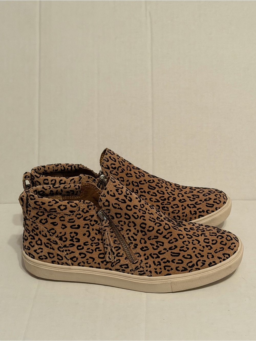 Gianni Bini Leopard Print Slip-On Sneakers - Tan & Black with Zipper and Tassels